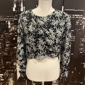 Zara sheer floral faux wrap crop top blouse size medium black white